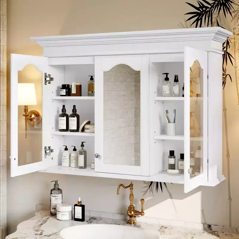 40W Medicine Cabinet with Mirror, Bathroom Storage Cabinet with Adjustable Shelves & Glass Doors, Wall Mounted Mirror Cabinet, White - ModernLuxe