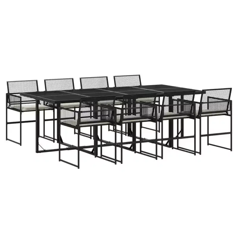 vidaXL Patio Dining Set 9-Piece Black Poly Rattan Synthetic Garden Furniture with Cushions, Rectangular Glass Table, Foldable Chairs