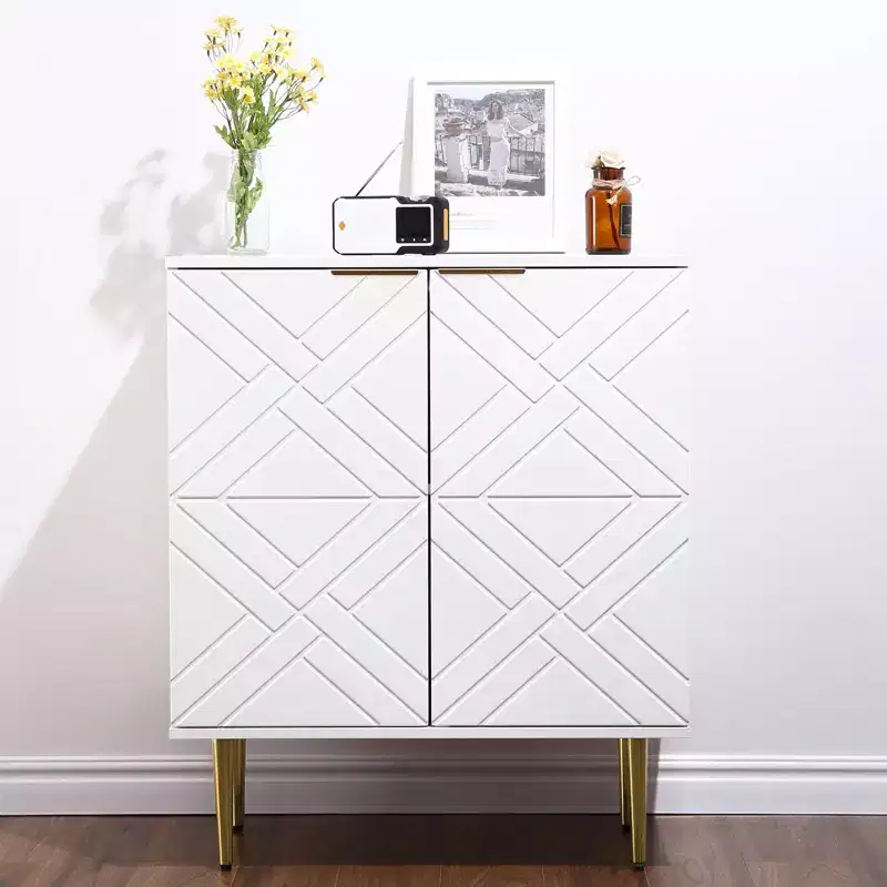White Buffet Cabinet with Embossed Doors & Gold Accents, 1-Door Wood Sideboard with Shelf