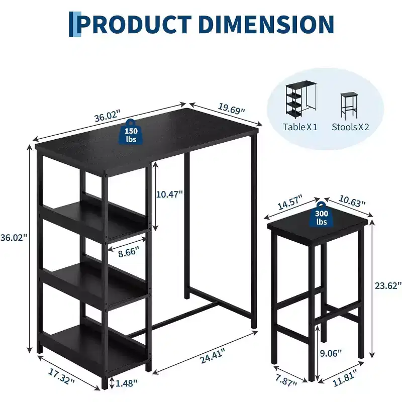 3Pcs Kitchen Table Set With Storage Shelves, Space Saving Dining Table And 2 Stools For Small Spaces Kitchen Dining Room Restaurant