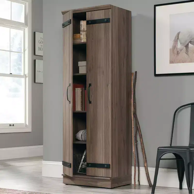 2-Door Farmhouse Storage Cabinet Salt Oak, Adjustable Shelves, MDF Frame