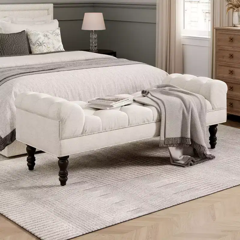 Modern Diamond Button-Tufted Ottoman Bench with Rolled Arms, Upholstered Ottoman Stool for Bedroom & Entryway