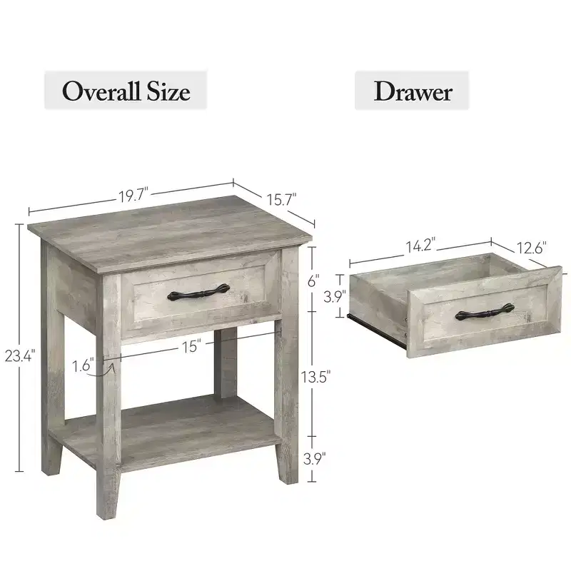 Nightstand End Table Side Table, Drawer and Storage Shelf Wood Bedside Table, 2 Tiers Storage Shelves Bedside Table