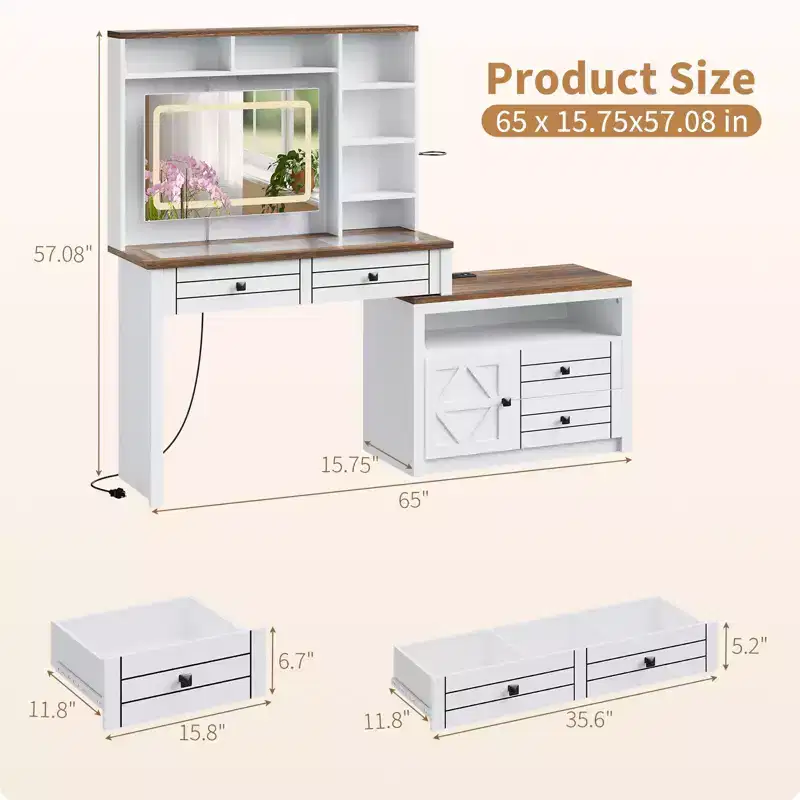 COZONY Corner Makeup Vanity, LED Mirror, Glass Top, Outlets & USB, 1 Door, 4 Drawers, 7 Shelves