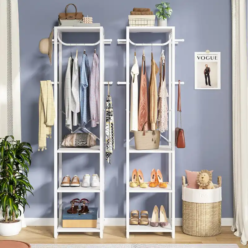 Freestanding Coat Rack with Shelves, 4 Shelves and 8 Hooks