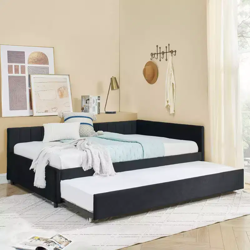 Bellemave Full Size Upholstered Daybed with Trundle, Sofa Bed Frame with Comfortable Backrest & Armrests, Black.
