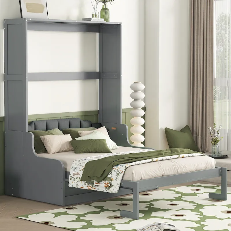 Queen Murphy Wall Bed with Folding Chair Cushion, Espresso / Gray / White, Sleeps 1