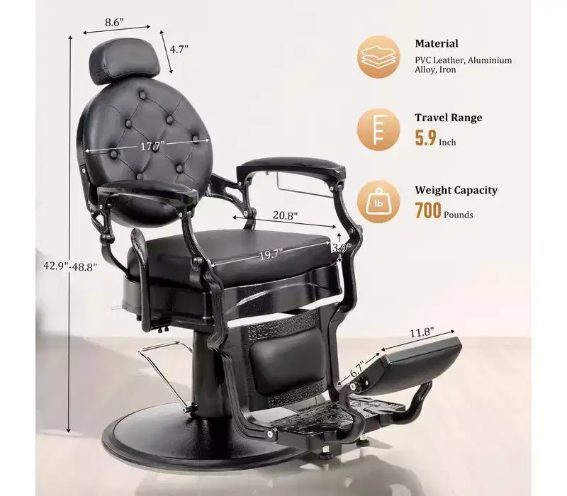Black with Black Frame Retro Heavy Duty Hydraulic Recline Barber Chair