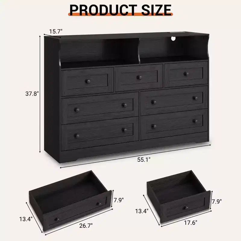 7-Drawer Dresser with LED Lights & Charging Station - Wooden Storage Organizer for Bedroom/Nursery/Entryway