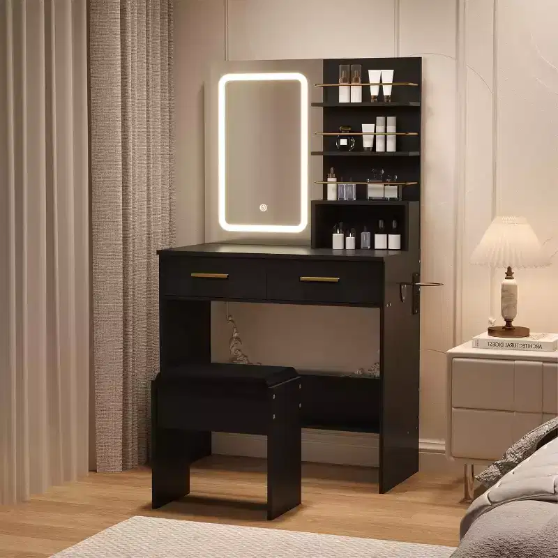 Vanity Desk with LED Lighted Mirror & Power Outlet with 3 Color Modes & Adjustable Brightness,2 Drawers & 4 Storage Shelves,for Makeup Vanity,Bedroom