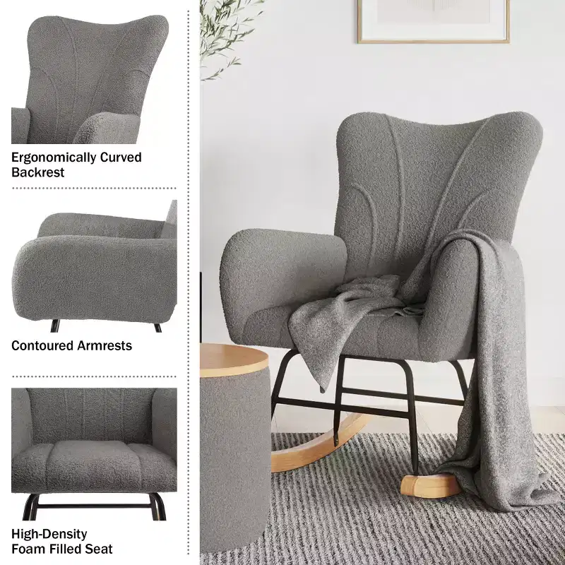 Rocking Chair Teddy Fabric Upholstered Chair Ergonomic Modern Rocker