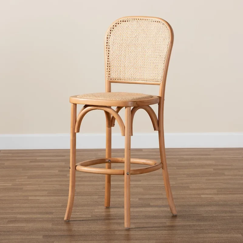 Vance Mid-Century Modern Woven Rattan and Wood Counter Stool