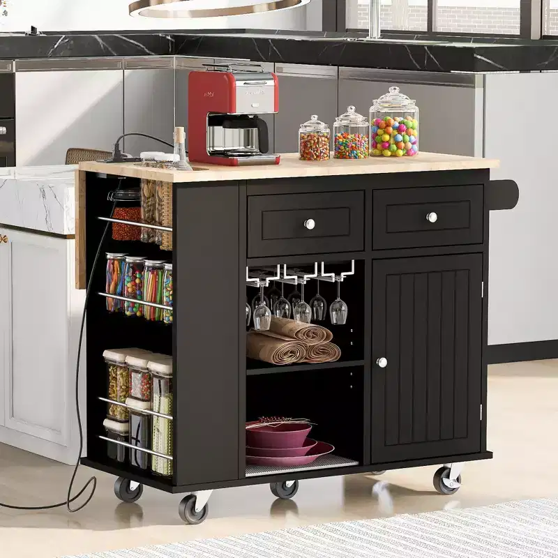 Movable Kitchen Island with Power Outlet, Drop Leaf and Rubber Wood Top