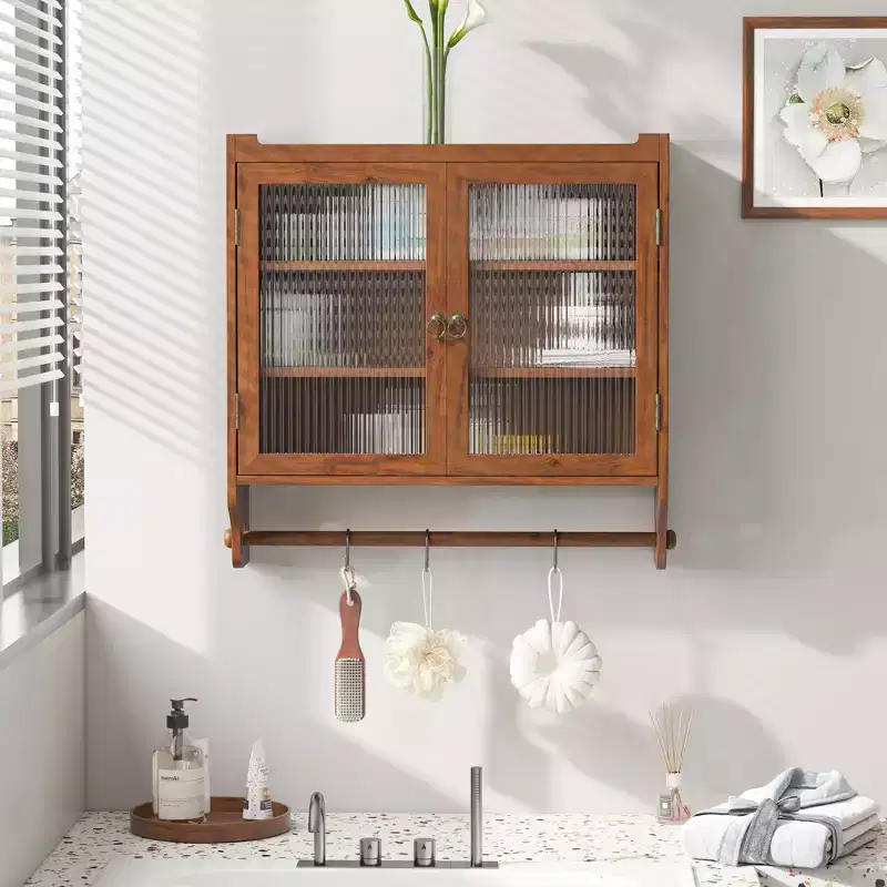 Vintage 2-Door Wall Cabinet with 3-Tier Storage and Towel Rack for Bathroom, Kitchen and Living Room