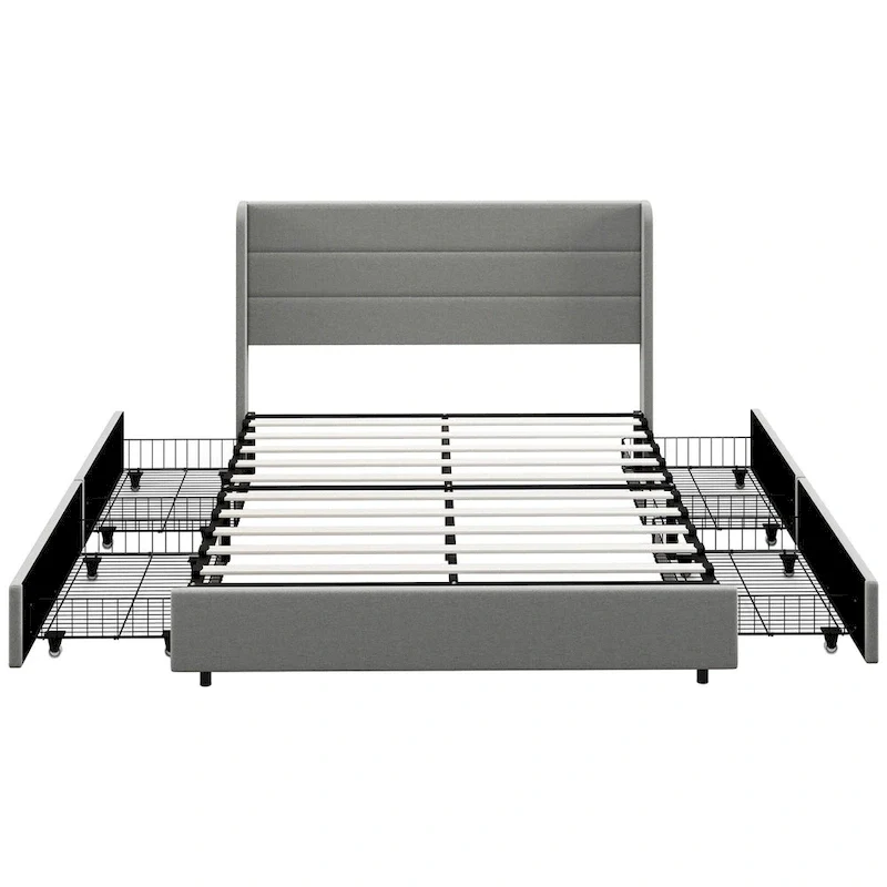 Queen Size Storage Bed with 4 Drawers, 730lb Capacity & Linen Headboard