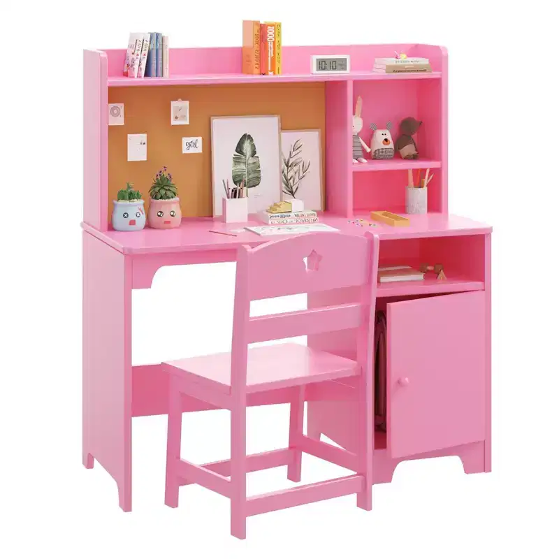 Kids Study Desk & Chair Set, Ergonomic Children's Learning Table with Bookshelf and Organizer, Engineered Wood, Gift for Boys Girls Ages 3-8, Pink