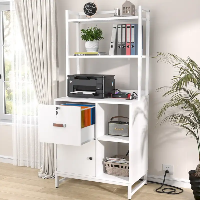 27.6 Wide Drawer File Cabinet, Wood Filing Cabinet With Charging Station and Locks