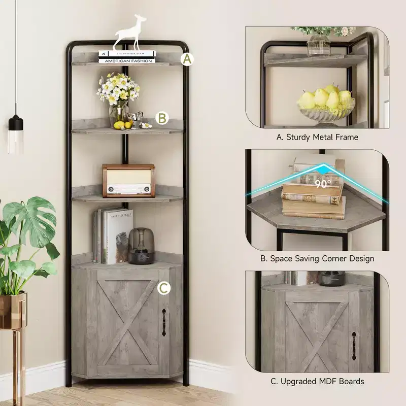 71 Tall Corner Cabinet, Modern Industrial Corner Storage Cabinet with Barn Door Design & 4-Tier Open Display Shelves for Living Room, Kitchen, Grey