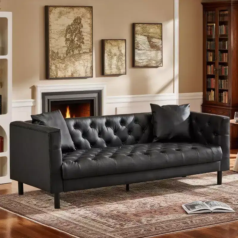 78 Leather Couch, Handmade Button Tufted 3 Seater Sofa, Chesterfield Sofa with Deep Seat and 2 Pillows, Leather Sofa, Charcoal Black
