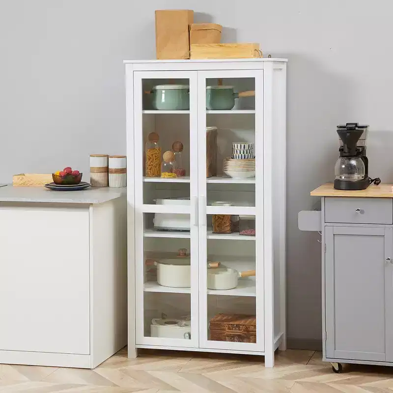 Freestanding Kitchen Pantry Cabinet – 5-Tier, 2 Glass Doors, Adjustable Shelves, White