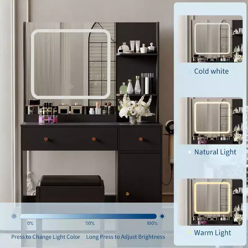 Vanity Desk with Mirror and Lights, Storage Drawers Shelves Cabinet& Chair, 3 Lighting Modes & Adjustable Brightness, for Bedroom, Living Room