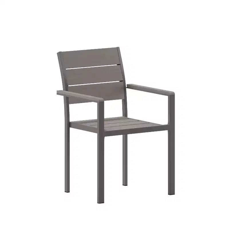 Flash Furniture Finch Commercial Grade Patio Chair with Arms, Stackable Side Chair with Faux Teak Poly Slats and Metal Frame