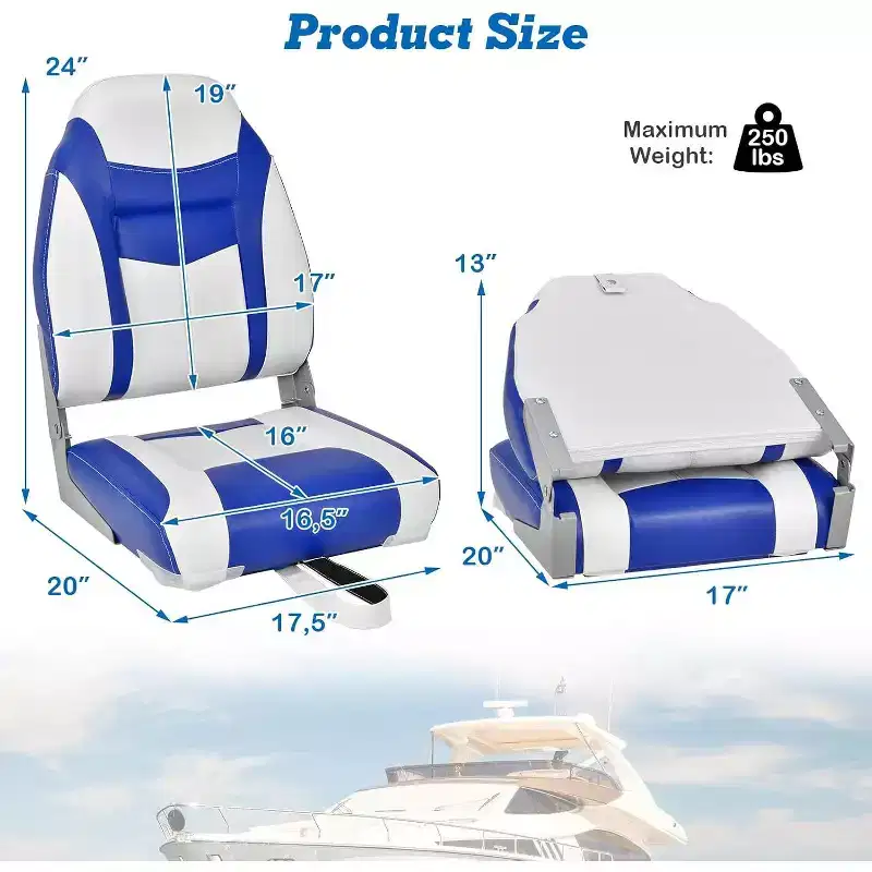 Gymax 1/2PC High Back Boat Seat Folding Fishing Seat w/ Soft Padded Cushion Fold-down Captain Boat Seat w/ Flexible Hinges Black/Blue