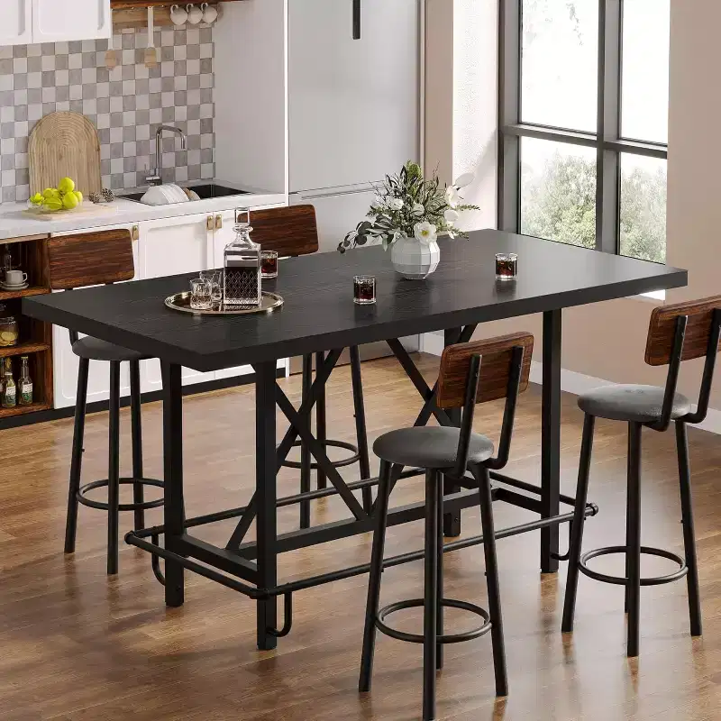 Lantine 63-Inch Bar Table, Industrial Counter Height Pub Table with Metal Footrest for Dining Room, Home Bar, Black