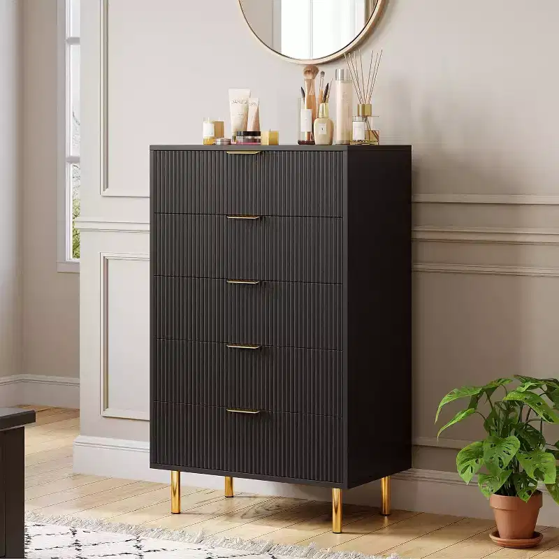 Zstar 5 Drawer Dresser for Bedroom, with Gold Metal Handles