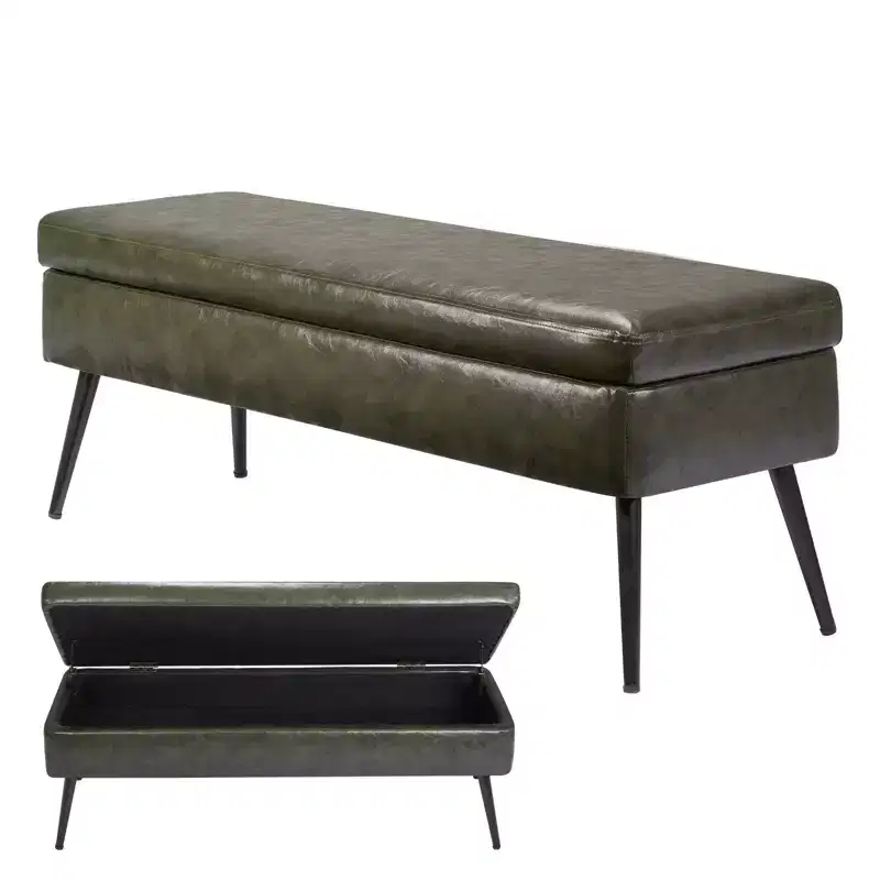 Leather Storage Ottoman Bench, PU Leather Bench with Storage and Metal Legs, Upholstered End of Bed Benches, Green