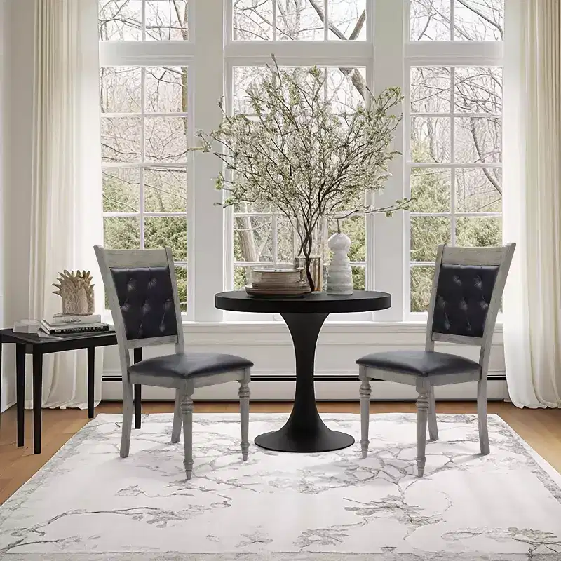 LuxenHome Set of 2 Gray Rubberwood and Upholstered Black Dining Chair