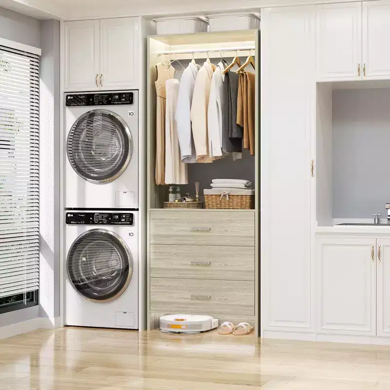 Closet Organizer System with Wooden Drawers, Freestanding Wardrobe with Hanging Rod