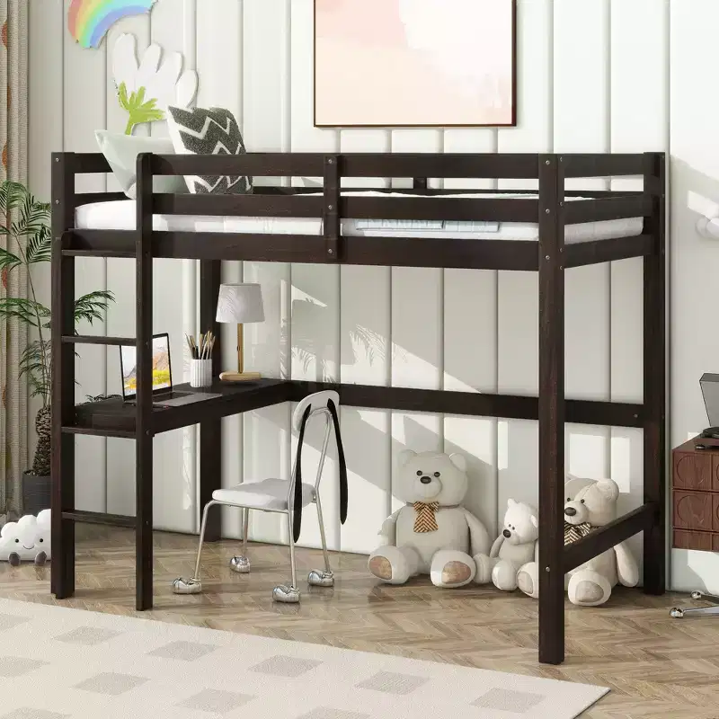 Twin Loft Wood Bed with Bulit in Desk Safety Guardrails Ladder Brown