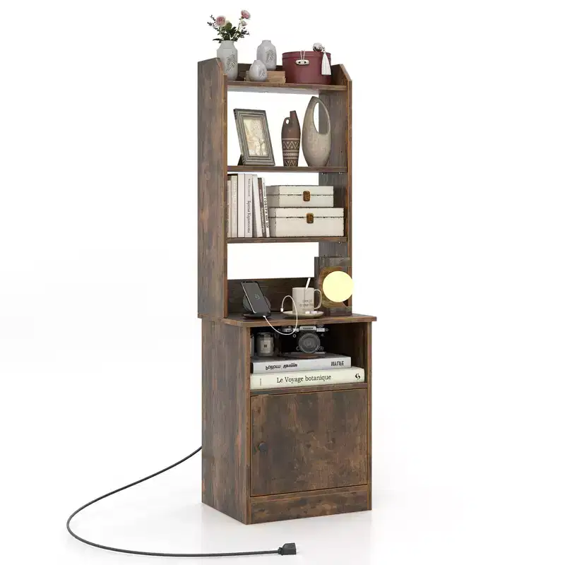 Costway Nightstand Bedside End Side Table Bookshelf w/ Charging Station