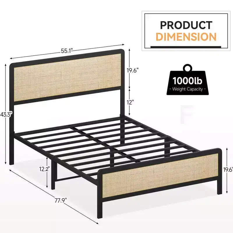Full/Queen Rattan Platform Bed, Bed Frame with Natural Rattan Headboard and Footboard, Metal Bed Frame with Under Bed Storage