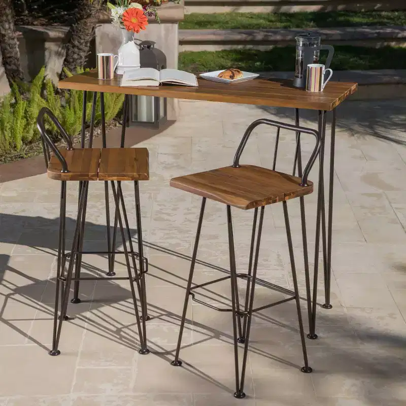 Denali 3pc Acacia Wood Industrial Patio Bar Set - Teak - Christopher Knight Home: Weather-Resistant, Rustic Finish