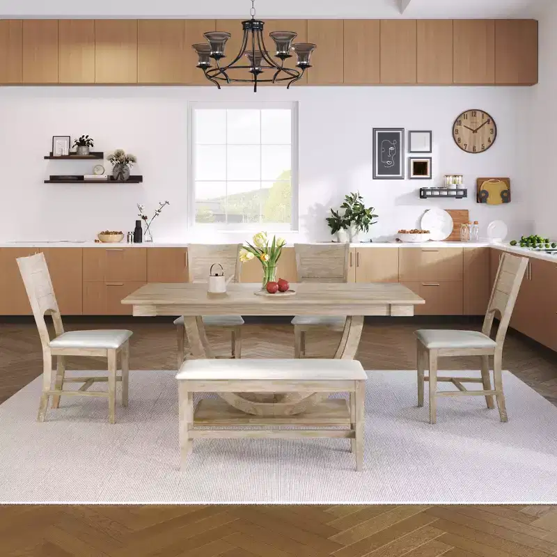 GDFStudio Timo 6 Piece Rubbewood Dinnig Set with Half Round Dining Table, Bench and 4 Chairs