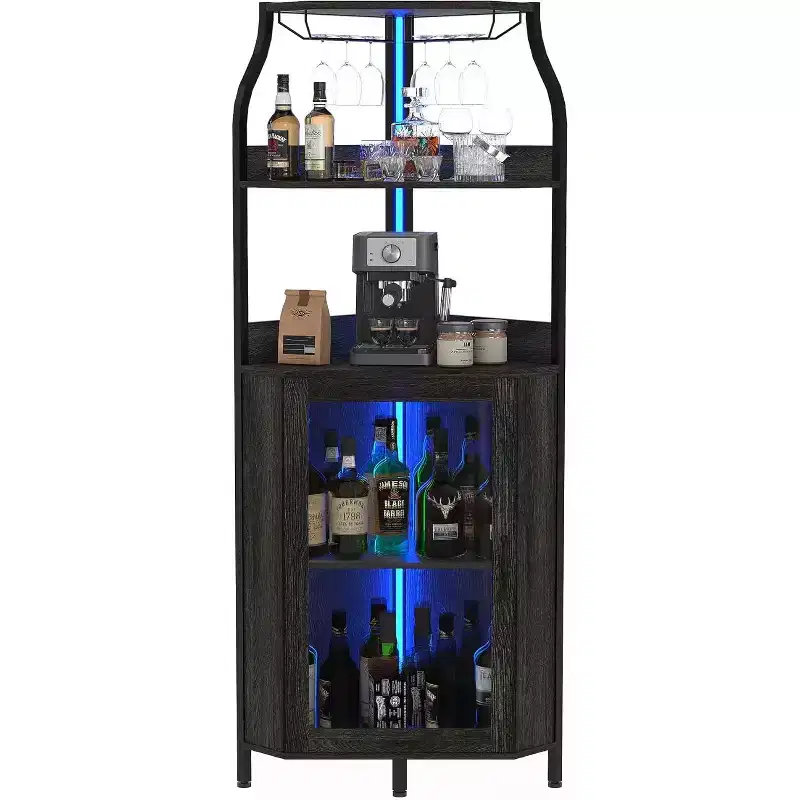 Coffee Bar Cabinet, Farmhouse Buffet Cabinet Sliding Barn Door, Bar Cabinet Power Outlet Type-c USB, Wine Cabinet 9-Bottle Rack Goblet Holder