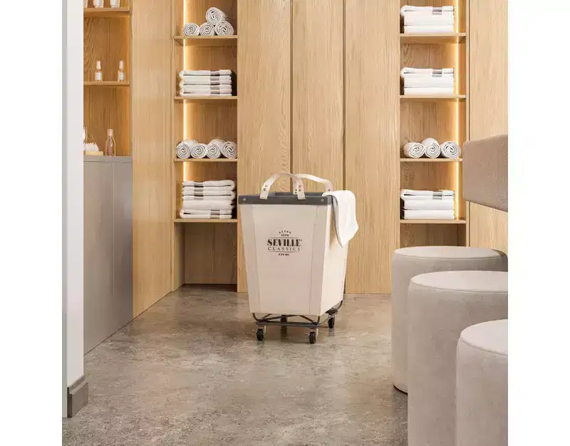 Natural White Commercial Rolling Canvas Laundry Room Hamper, 22D x 16W x 27H