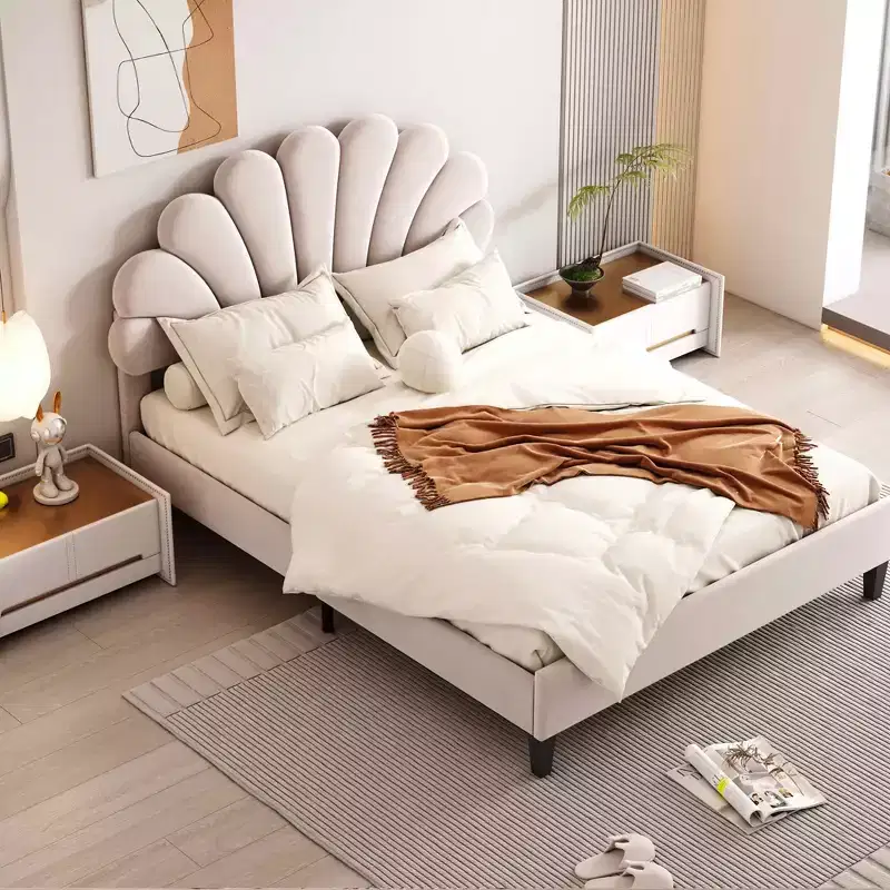 MAYEERTY Queen Size Upholstered Platform Bed, Flower Pattern Velvet Headboard, Bedroom, Beige