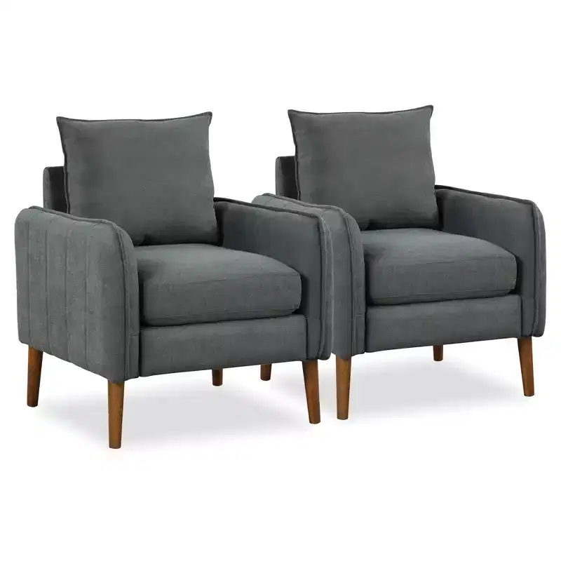 Costway 2PCS Modern Accent Chair Upholstered Mid-Century Armchair w/ Rubber Wood Legs