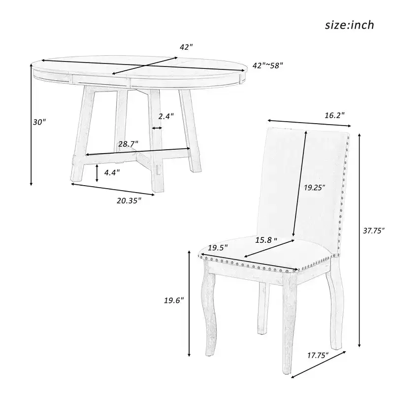 5 Piece Farmhouse Dining Table Set, Wood Round Extendable Dining Table and 4 Upholstered Chairs