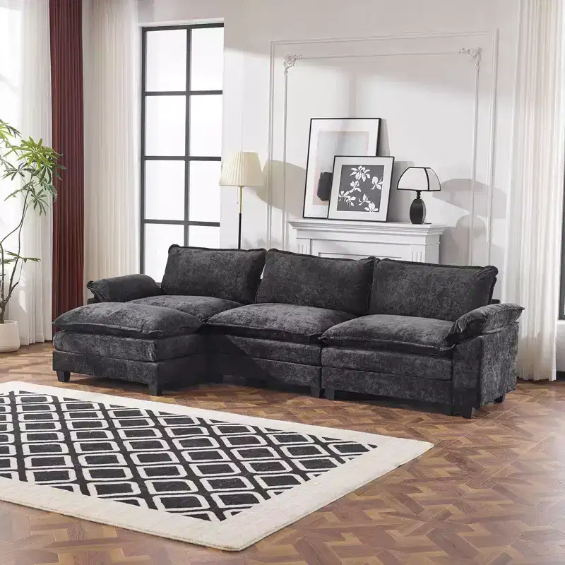 Karl Home |120 in. W Pillow Top Arm Double-layer Cushion Chenille Sofa in Blue With Ottoman