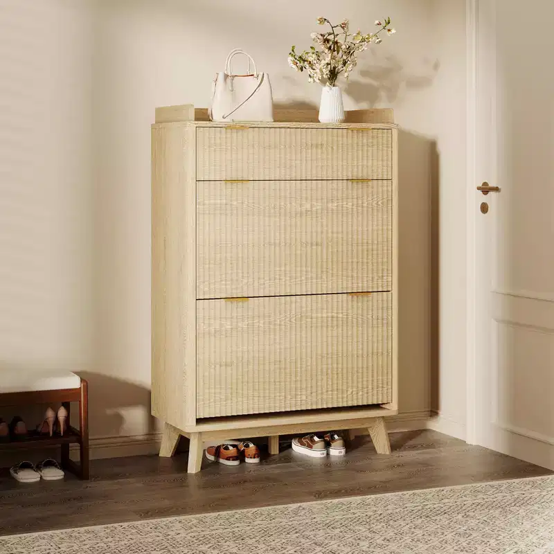 Fluted Shoe Storage Cabinet With 2 Flip Drawers, 48H Freestanding Hidden Shoe Organizer, Narrow Shoe Rack Cabinet For Hallway Living Room