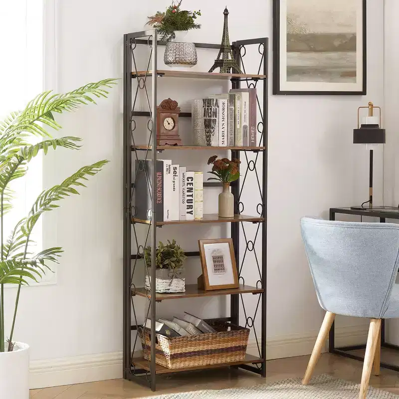 VECELO Folding Bookshelf, 5-Tier Bookcase, Industrial Tall Book Shelf Storage Organizer for Living Room, Brown/Walnut/Antique Brown