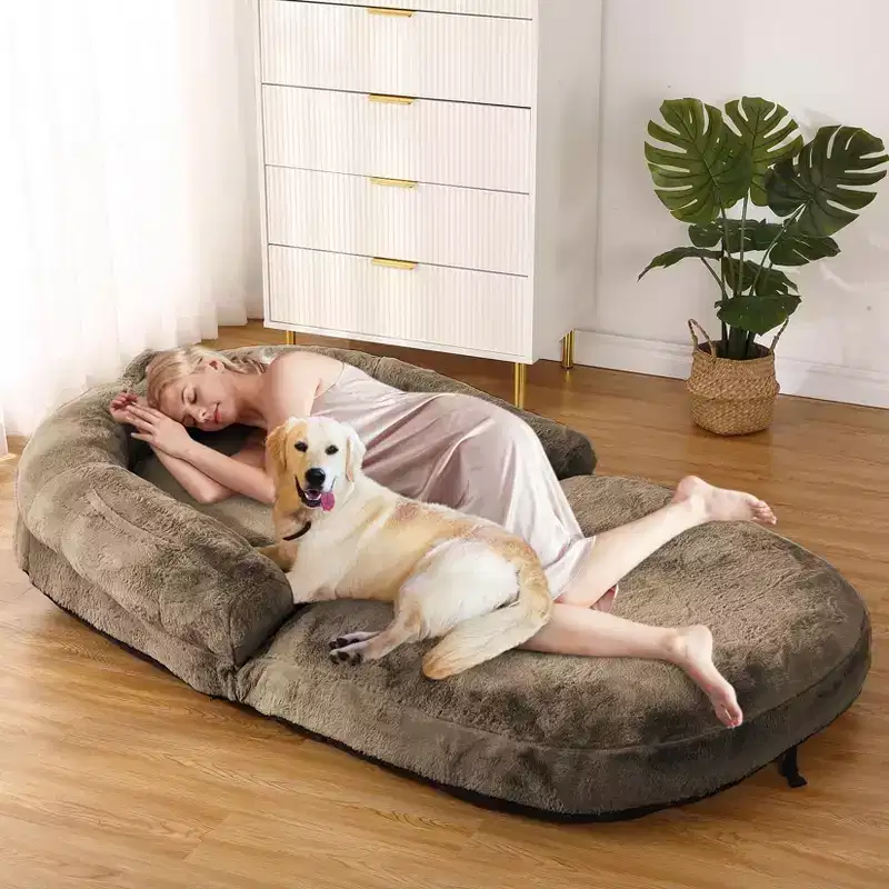 Convertible Human Dog Bed for Adults, 71x43x10 Large Nap Bed with Washable Removable Faux Fur Cover, Portable Lounger for Home