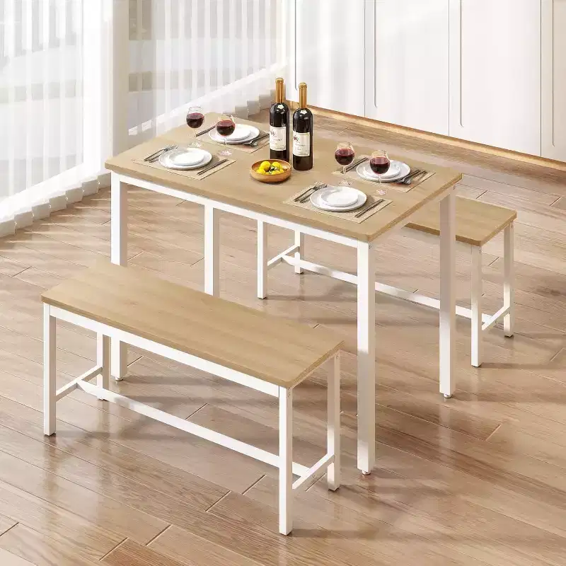 MooxvMoo 43 Dining Table Set, Bar Table with 2 Dining Benches, Industrial Table Counter for Kitchen Breakfast Table, Living Room, Party Room, White
