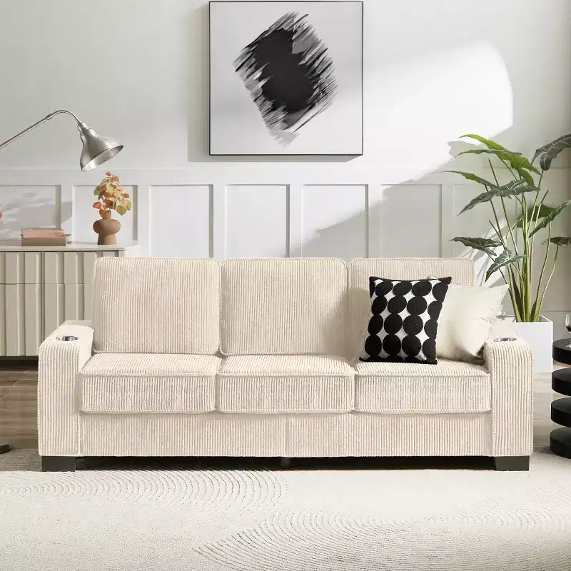 83-Inch Corduroy Three-Seat Sofa with Cup Holders, Plush Modern Cloud Couch for Living Rooms and Apartments