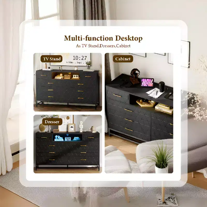 8 Drawer Dresser TV Cabinet with Charging Station & LED Lights, Modern Black Accent Chest for Bedrooms/Living Rooms/Apartments