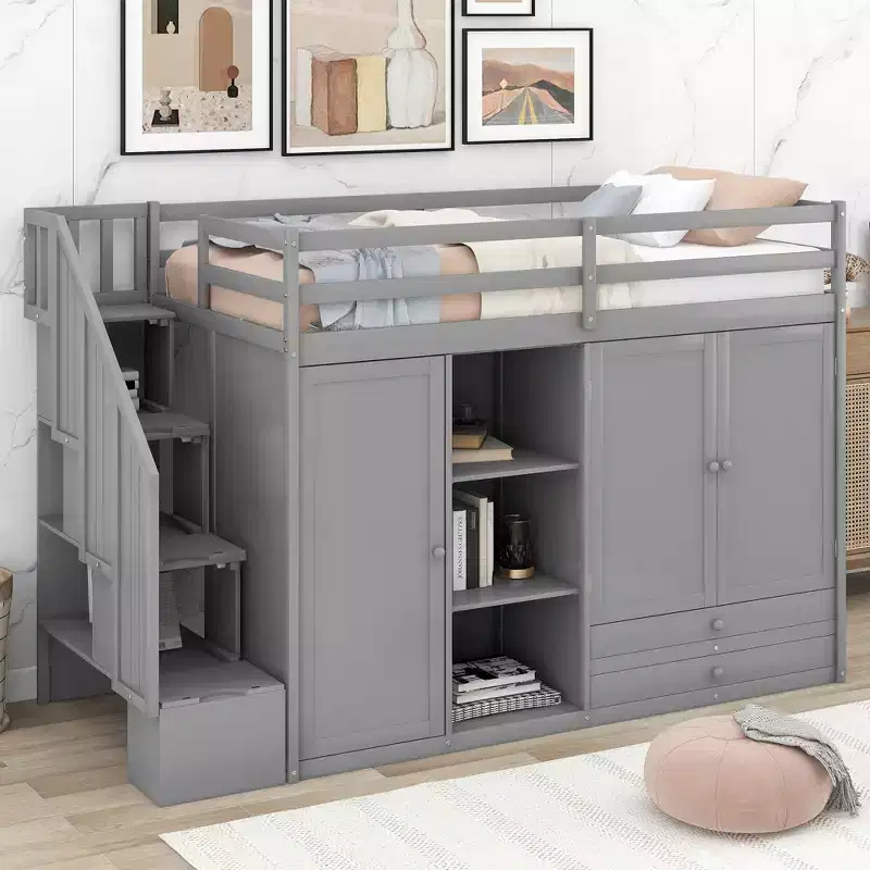 Twin Size Functional Loft Bed with Wardrobes and Shelves, Wood Loft Bed Frame with Storage Stairway ans 2 Drawers